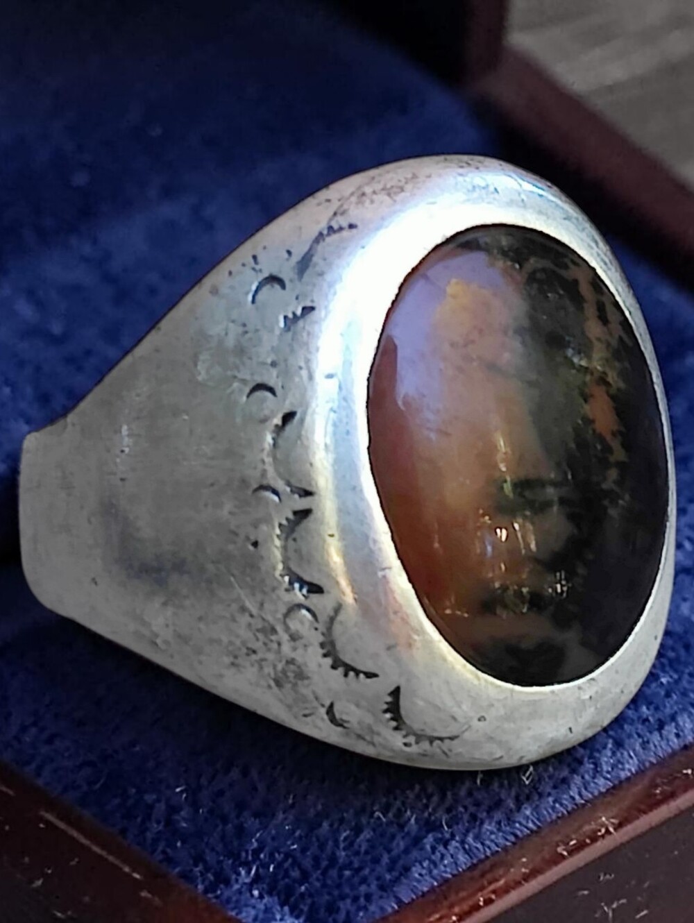 Heavy Vintage Sterling Silver Scenkc Agate Men's Ring